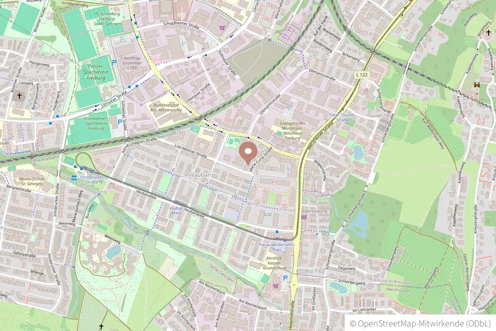 Kartenausschnitt: Praxis Stefanie Schmitt, Marie-Curie-Straße 3, 79100 Freiburg (OpenStreetMap)